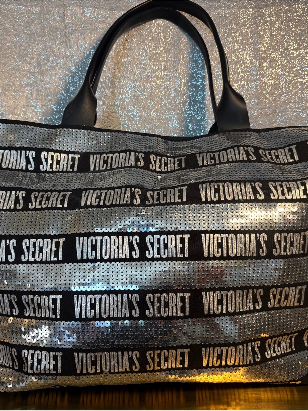 Victoria's Secret Silver Sequin Logo Stripe Tote